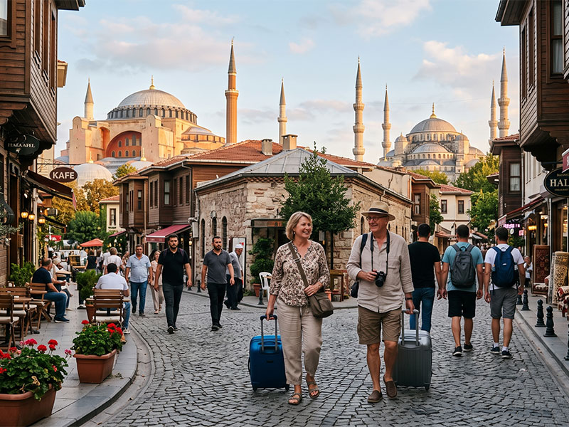Tourists with luggage in Sultanahmet near Hagia Sophia and Blue Mosque
