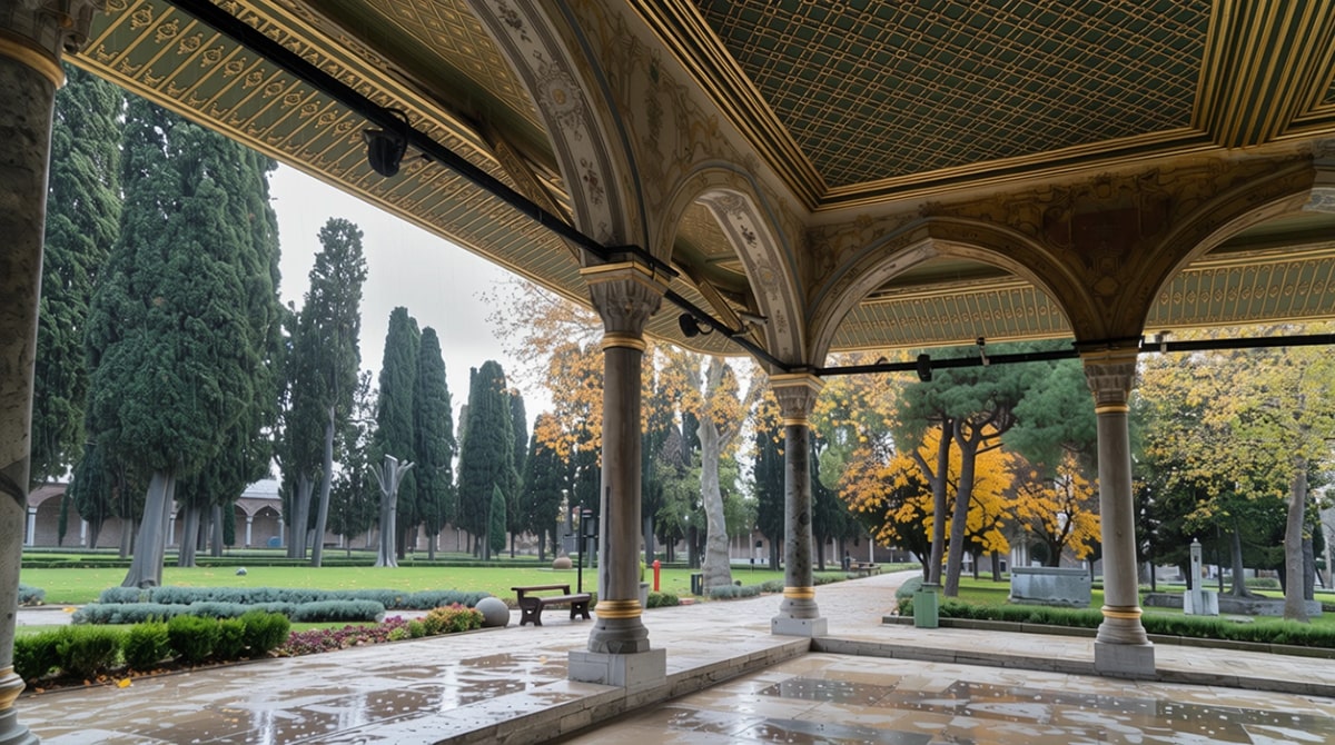 Topkapi Palace courtyard on a rainy day